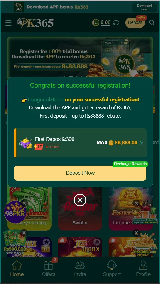 PK365 After Registration - Welcome screen with bonus offers