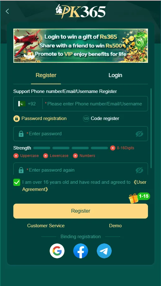 PK365 Register Page - Create your account in seconds